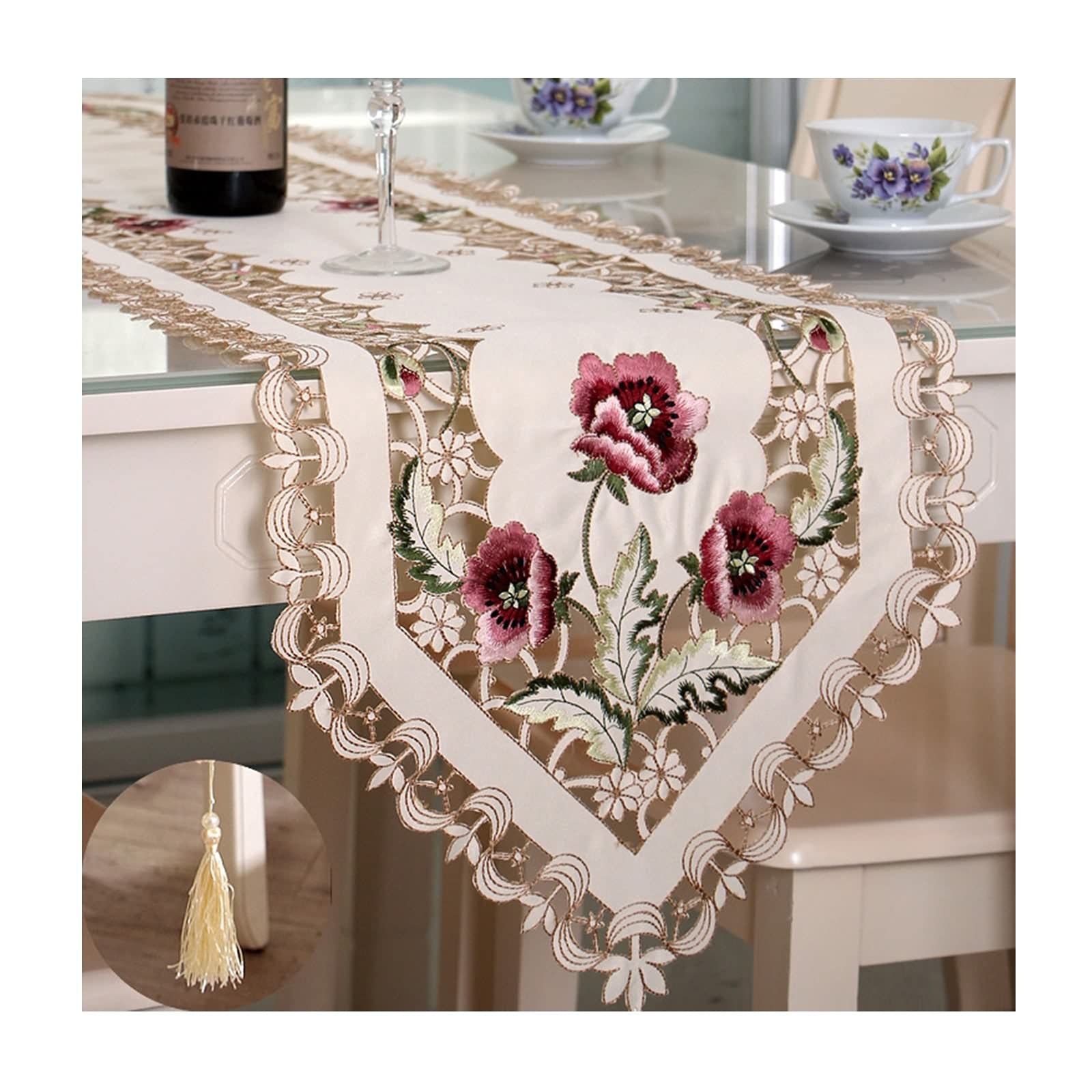 Banemi Washable Table Runner, Retro Tablecloth 16X59 Inch Pink Lace Hollow Embroidery Foldable Table Decor