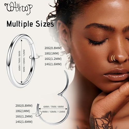 Miniatura 5 de WBRWP Piercing de acero inoxidable 316L con bisagra para la nariz, aro de 20G, 18G, 16G, 14G, para mujer, anillo de piercing para el cuerpo,