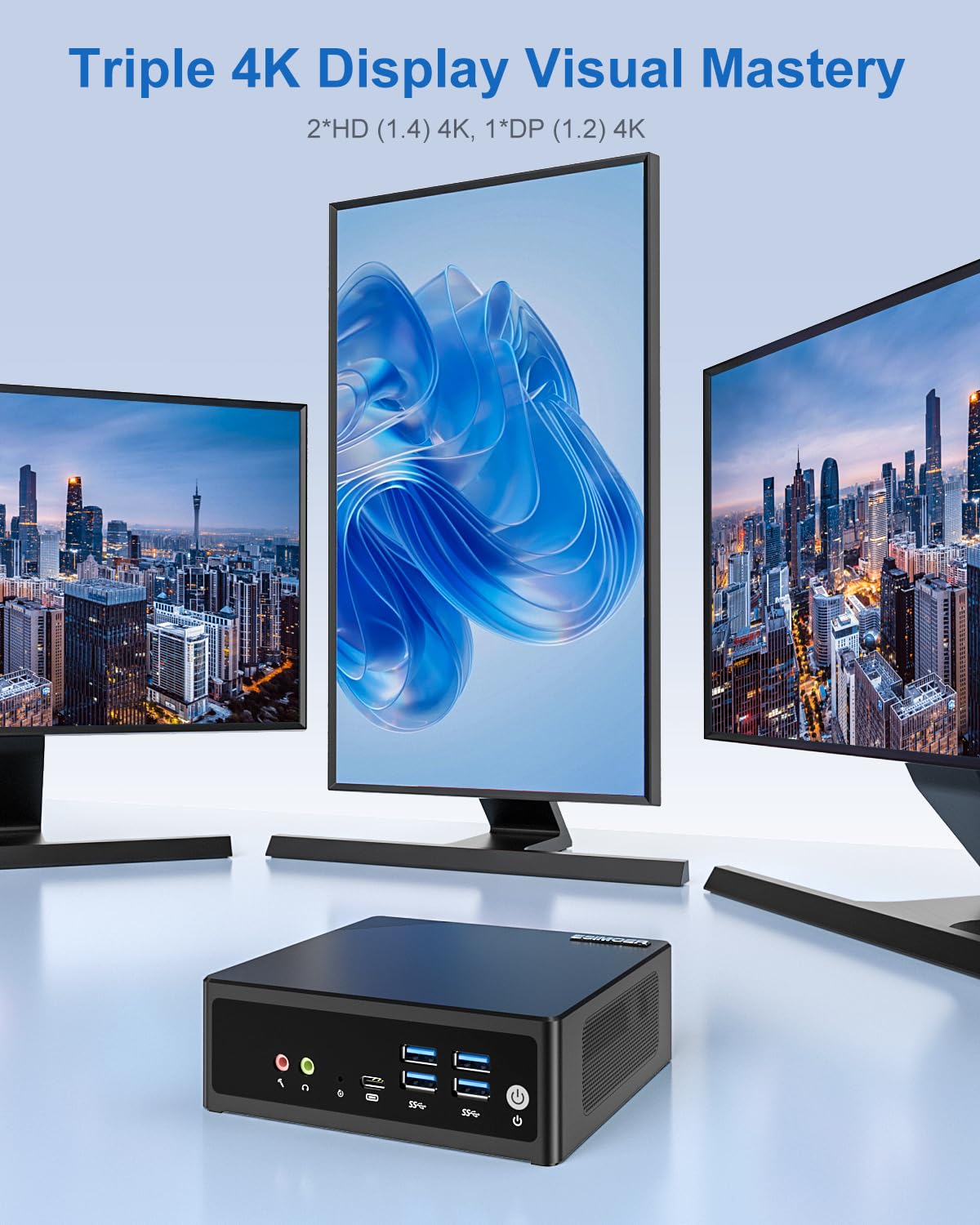 Mini PC N150, Mini Computadora de Escritorio con Win 11 Pro, 8GB DDR5, 256 GB NVME SSD, Triple Pantalla 4K(2 HD + 1 DP), WiFi6 BT5.2, Doble Gigabit LAN, 6 Puertos USB para Oficina y Negocios.