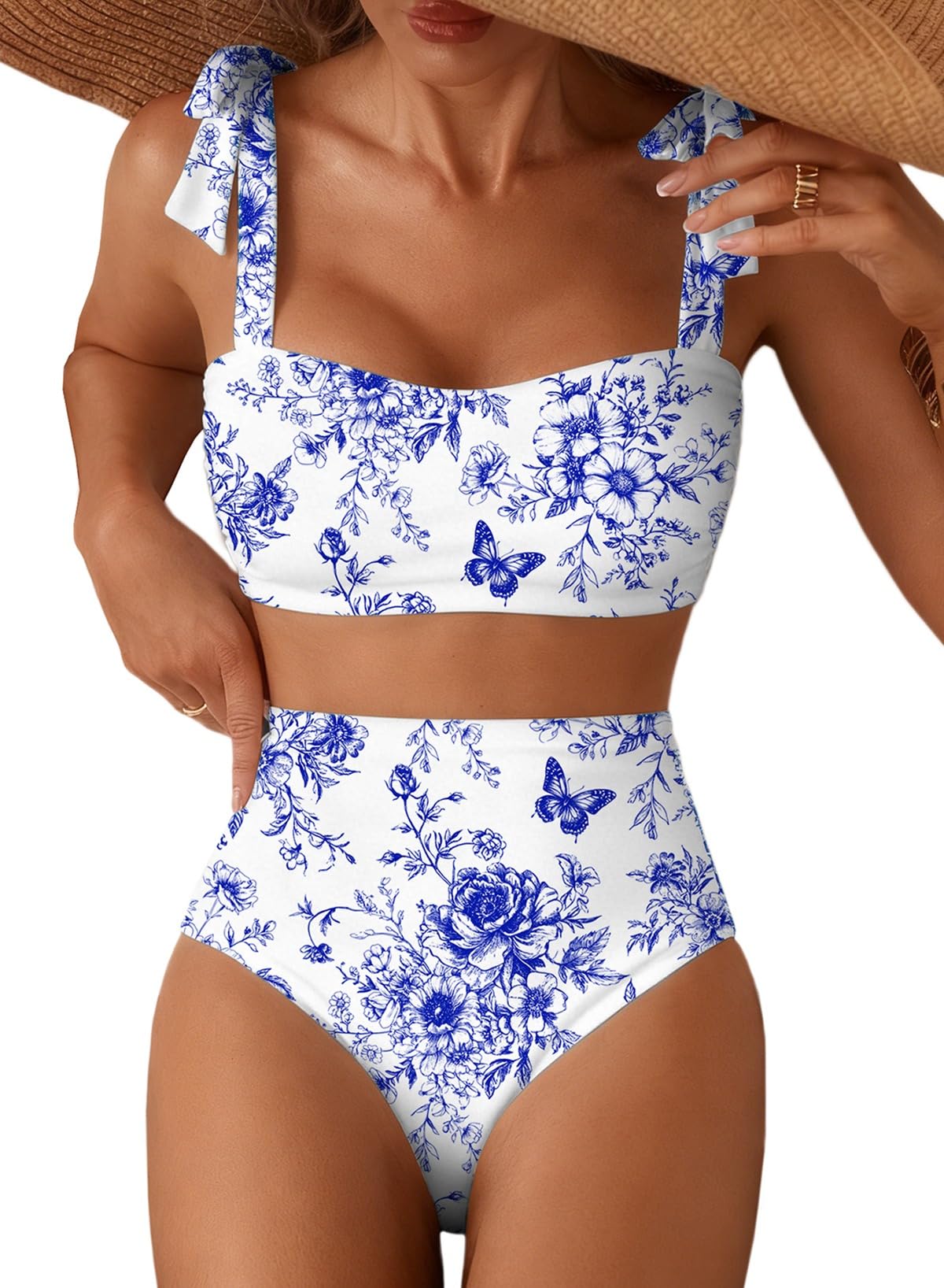 Photo 1 of Herseas Women's Bikini Sets 2 Piece Popular Swimsuits Shoulder Strap Knot Removable Pads High Waisted Tummy Control Best Bathing Suits Girls Cruise Essentials Blue Small
