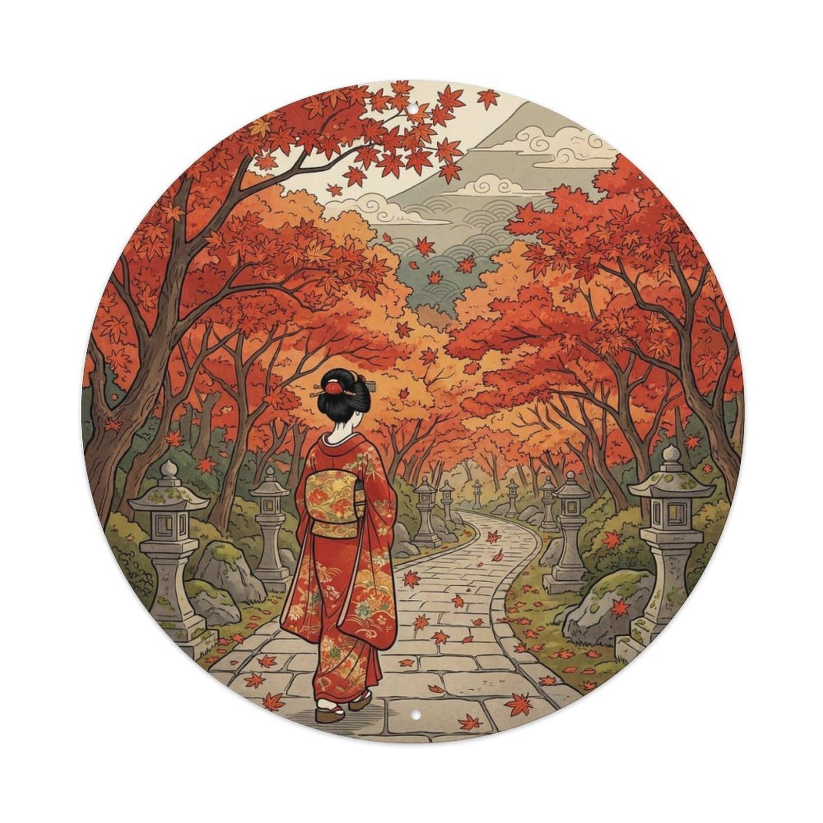 Japanese Geisha Red Maple Tunnel Walking Graceful Scene Metal Tin Sign