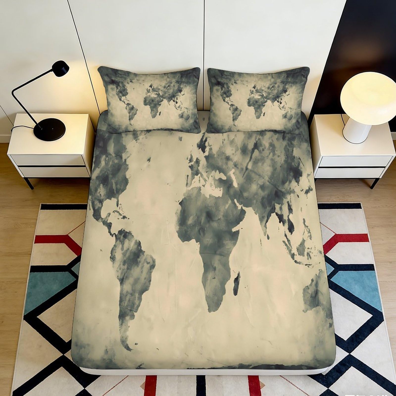 Uxinyoume Style-9 3D Printed Vintage World Map Fitted Sheet Microfiber Soft Bed Cover Global Atlas Bedroom Decor Mattress Protector 90X200x25cm