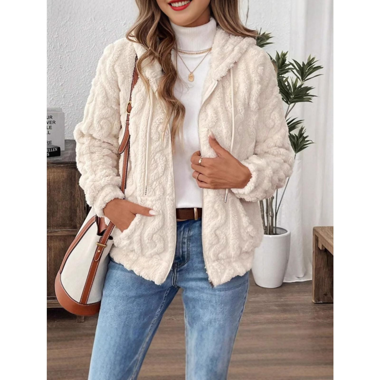 Yeenily Polaire À Capuche pour Femme Manteaux Peluche Zippée Épaissir Garder Cardigan Décontractée Hooded Coat Mode Hiver Outerwear