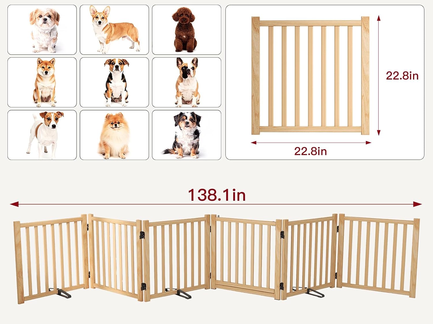 Freestanding Dog Gate Indoor, 23" H Wooden Dog Gates with Door, No-Painted Folding Pet Fence for Stairs Doorway- 6 Panels