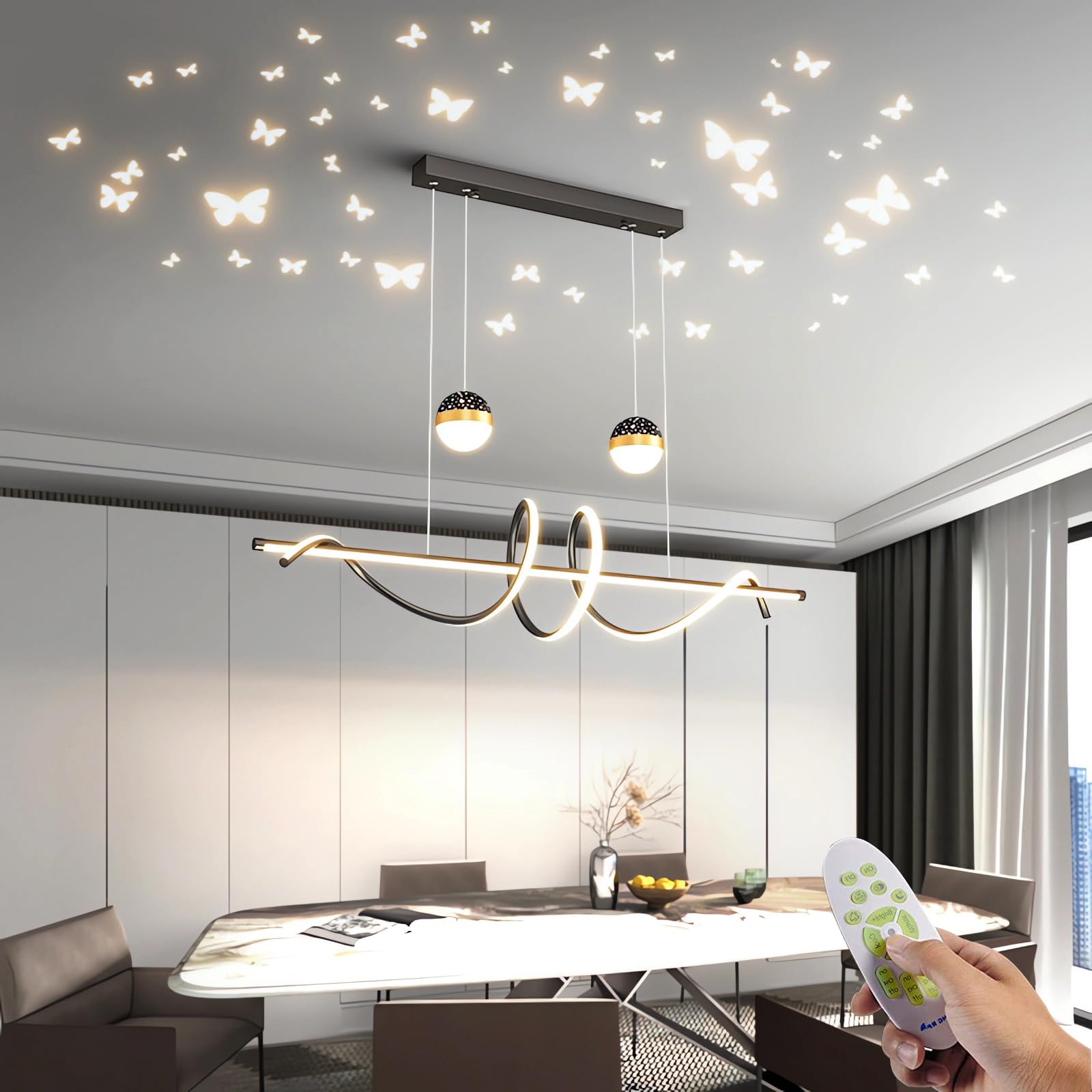 Lustre LED télécommande moderne Louvre noir réglable en hauteur 100cm