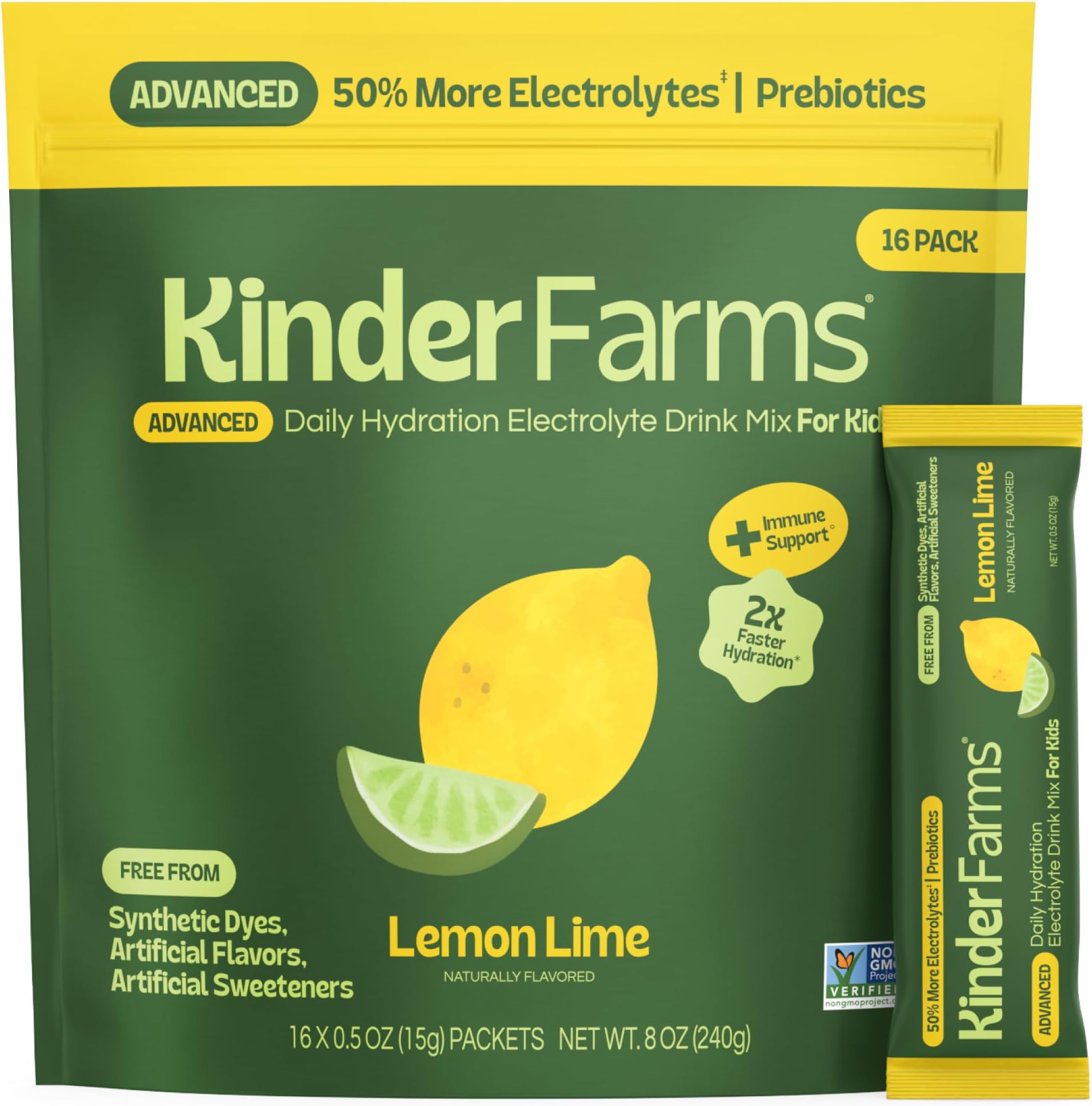Kinderlyte Electrolyte Powder, Advanced Hydration, Easy Open Packets, Supplement Drink Mix (Lemon Lime, 16 Count)