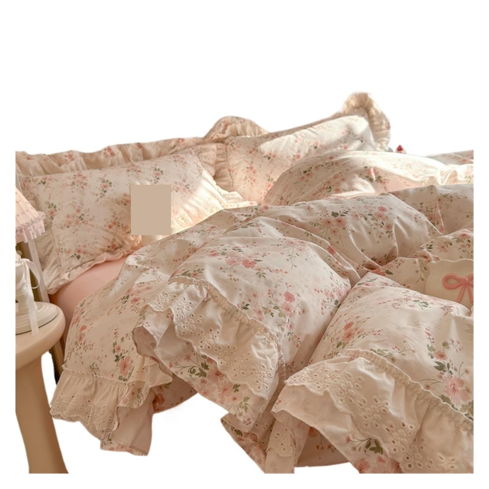 GCYEIDMA Ruffle Duvet Cover Cotton Double Layer Lace Ruffle Floral Bedding Set Vintage Rose Print Duvet Cover Flat Sheet/Fitted Sheet Pillowcase 3/4Pcs(Color 2,FLAT BED SHEET_KING 220X240CM 4PCS)