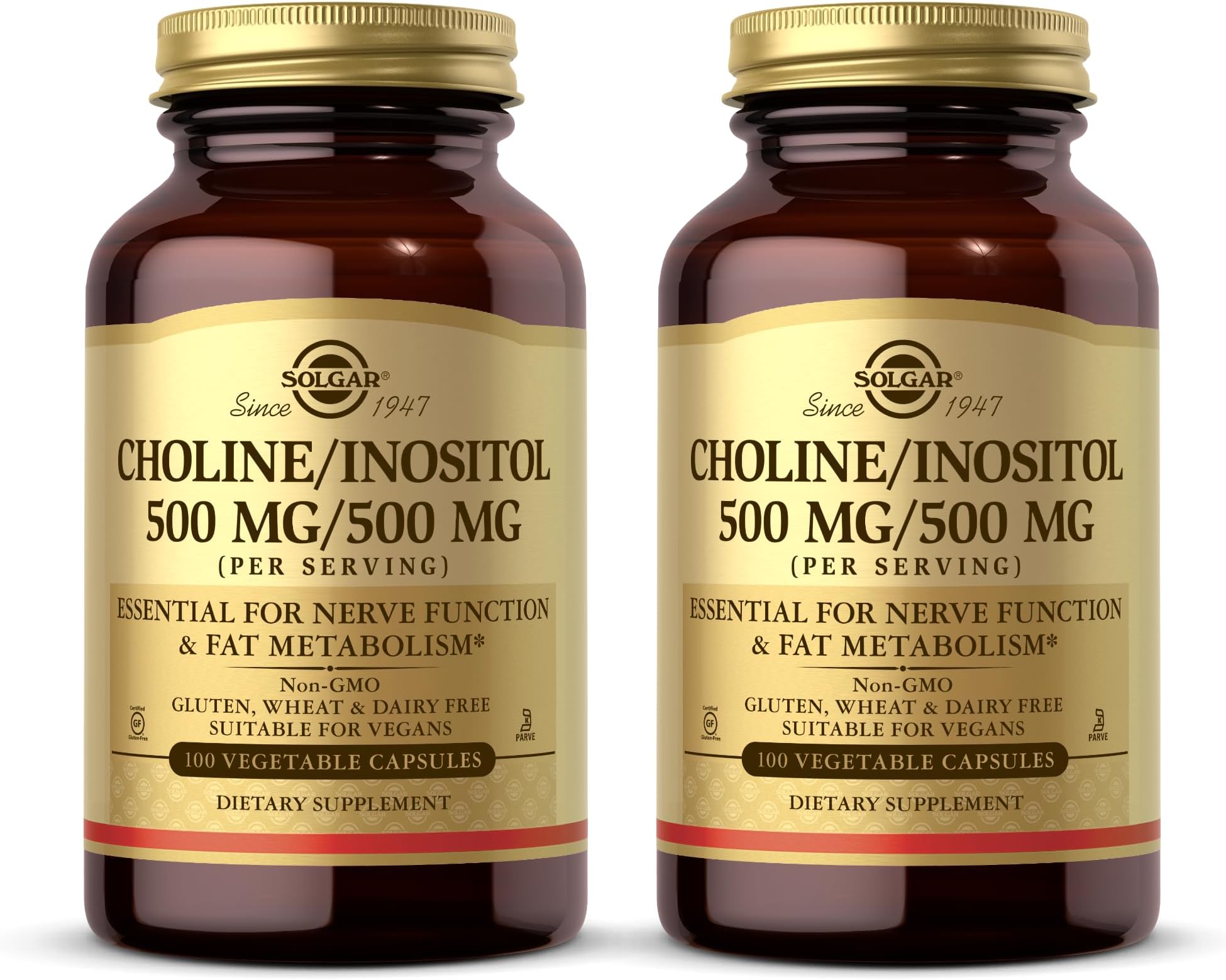 Solgar Choline/Inositol 500 mg/500 mg, 100 Vegetable Capsules (Pack of 2) - Energy Metabolism, Liver Health, Essential for Brain & Nerve Function - Non-GMO, Vegan, Kosher - 100 Total Servings