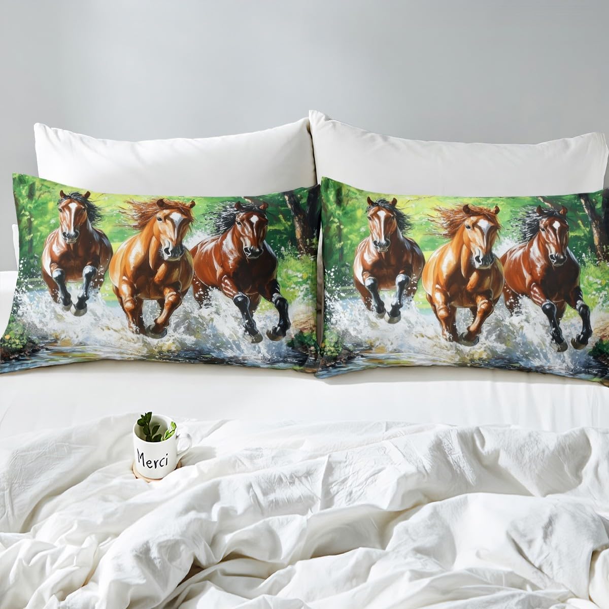 Running Horse Fitted Sheet Full Size Retro Western Farmhouse Bedding Set for Kids Boys Girls Teens Wildlife Animal Bed Sheet Set Oil Painting Style Bed Cover Room Decor,No Top Sheet