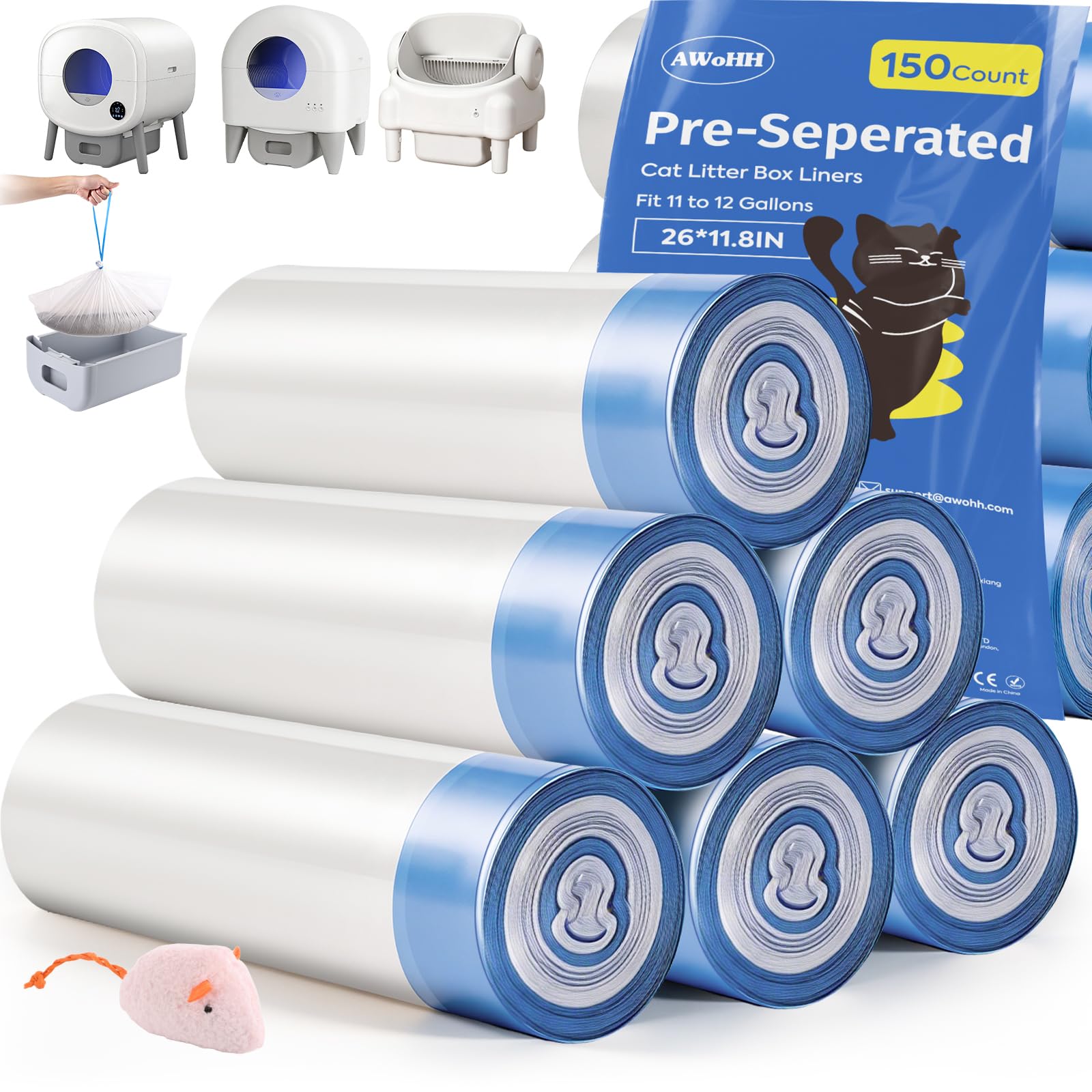 150 bolsas de arena para gatos Cumrige Fumoi Fsitego, caja de arena autolimpiable, caja de arena gruesa y automática de repuesto con cordón, resistente, 26 x 11.8 pulgadas, 10-12 galones de capacidad