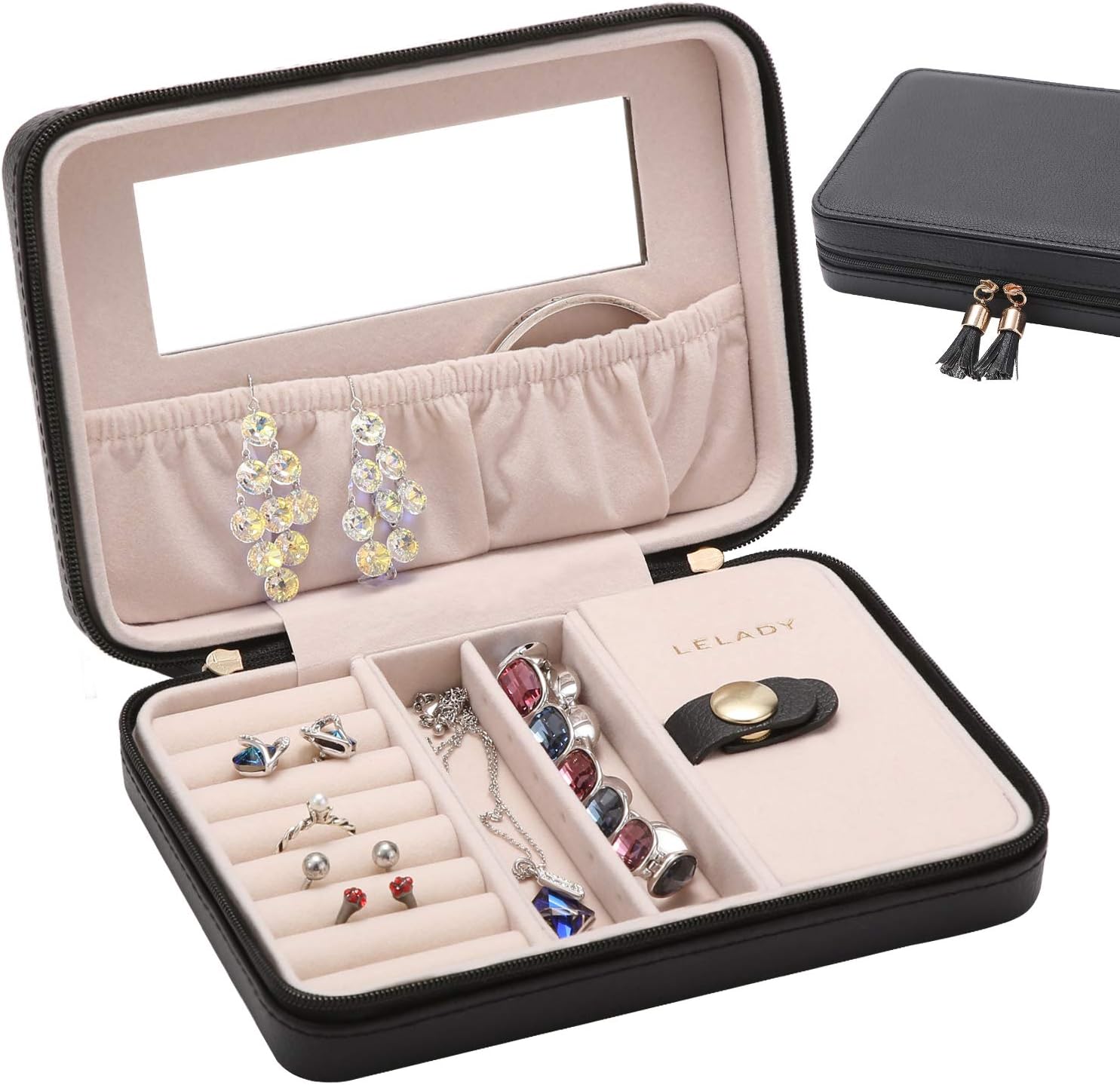 LELADY Small Jewellery Box for Women Girls, PU Leather Jewellery Case for Travelling, Earring Necklace Holder Ring Box with Mirror (Black)
