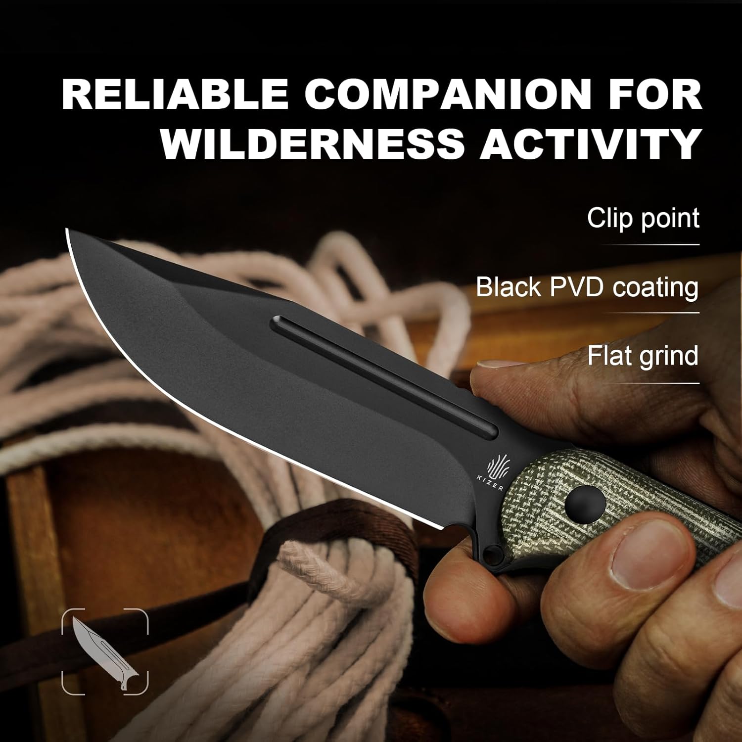 Kizer Ursa Major Fixed Blade Knife, 4.43" D2 Blade Hunting Survival Knives with Ergonomic Green Micarta Handle, Full Tang Camping Knives with Sheath & Hexagon Hole for Outdoor Activities, 1082M1 - Image 2