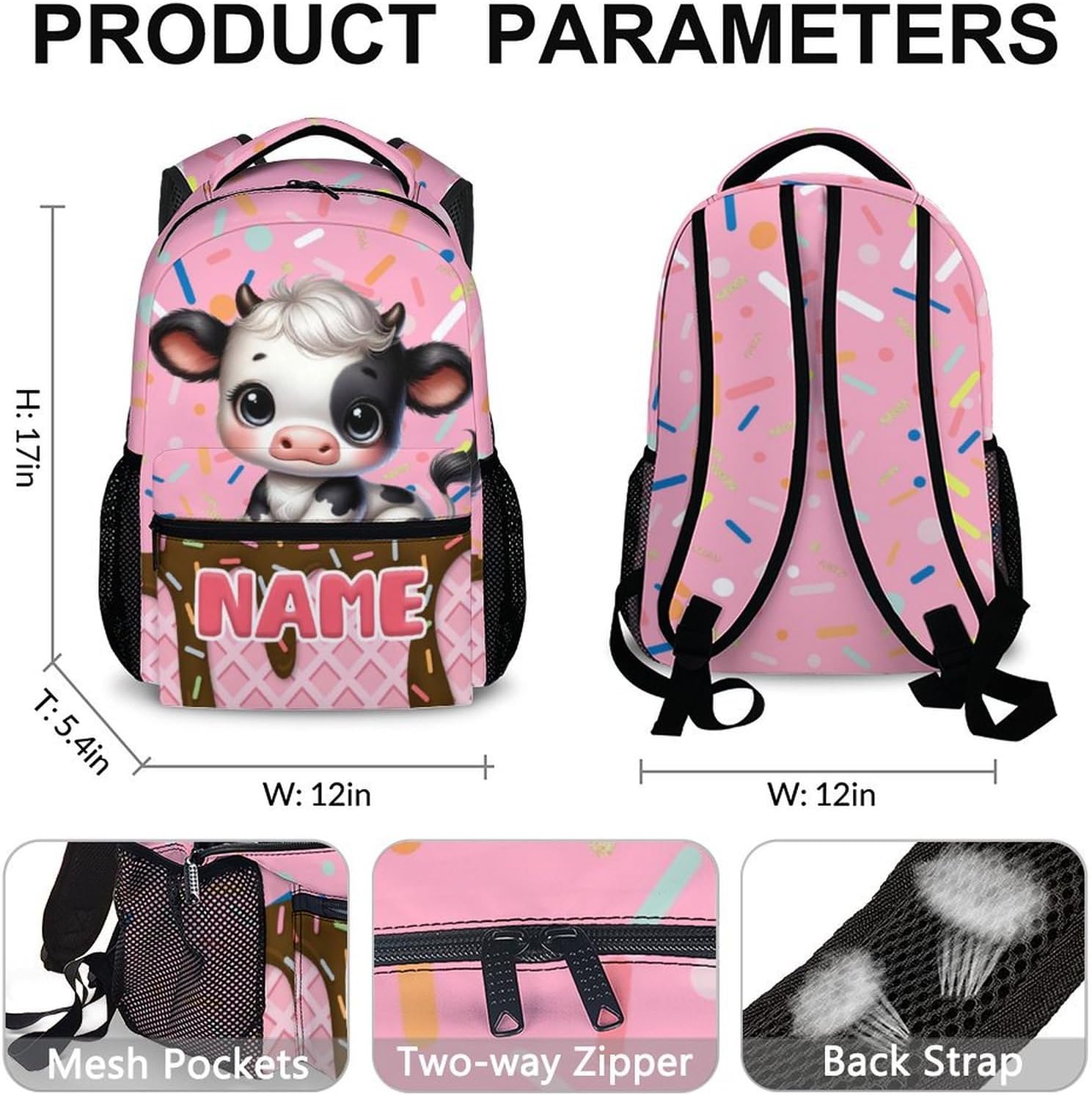 Cow Backpack, Kids Backpacks, Personalized Todder Backpack for Girls Boys 6-8, Preschool Elementary Kindergarten Schoolbag, 17 Inch Animal Book Bag for School Travel Camp