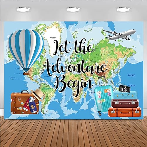 Miniatura 4 de Let The Adventure Begin - Fondo de fotografía de fondo de gira mundial, mapa, maleta de avión, decoraciones de fiesta de cumpleaños, globo