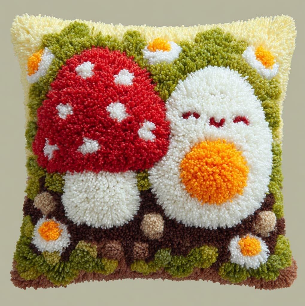 WallustrioaW Latch Hook Pillow Kits Pillow Cover,Cartoon Mushroom,Pattern Printed Cross Stich Hooking Pillowcase Cushion Crafts Embroidery Home Decor Kits,17x17in