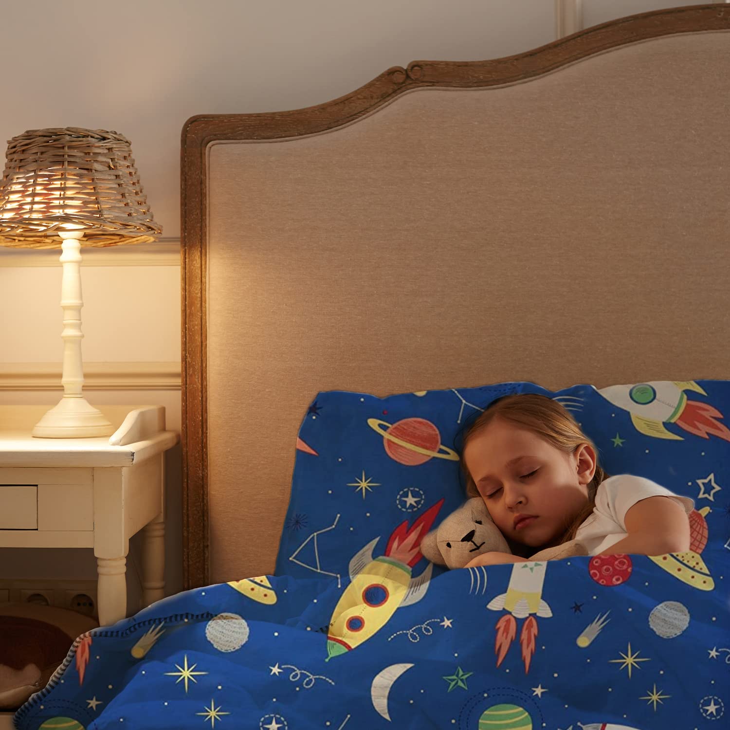 Indus Textiles Juego completo de funda de edredón para niños y niños, sábana bajera ajustable y fundas de almohada a juego, 100% algodón suave, reversible, azul espacial, juego completo individual