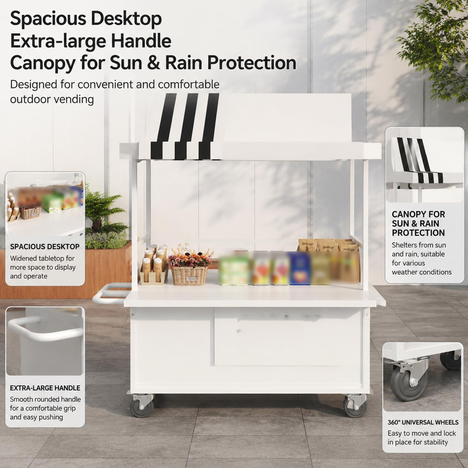 Carrito de alimentos portátil resistente con toldo, soporte rodante de 140 cm para aperitivos y bebidas de panadería, carrito de exhibición al aire libre para eventos y minoristas (negro)