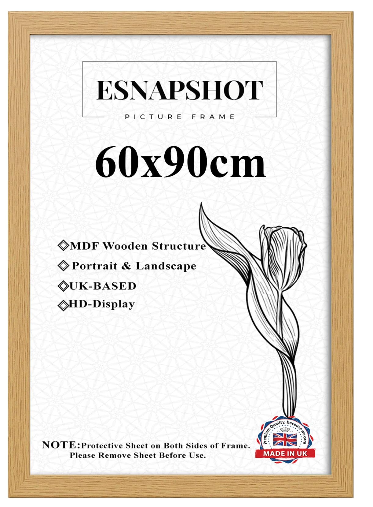 Esnapshoot 60x90cm-Oak Large Picture Frames-MDF Wooden Photo Frames-HD Acrylic Front-Maxi Poster Frames For Art Print-Jigsaw Puzzle-Certificates-Modern Wall Hanging For Home & Office Décor