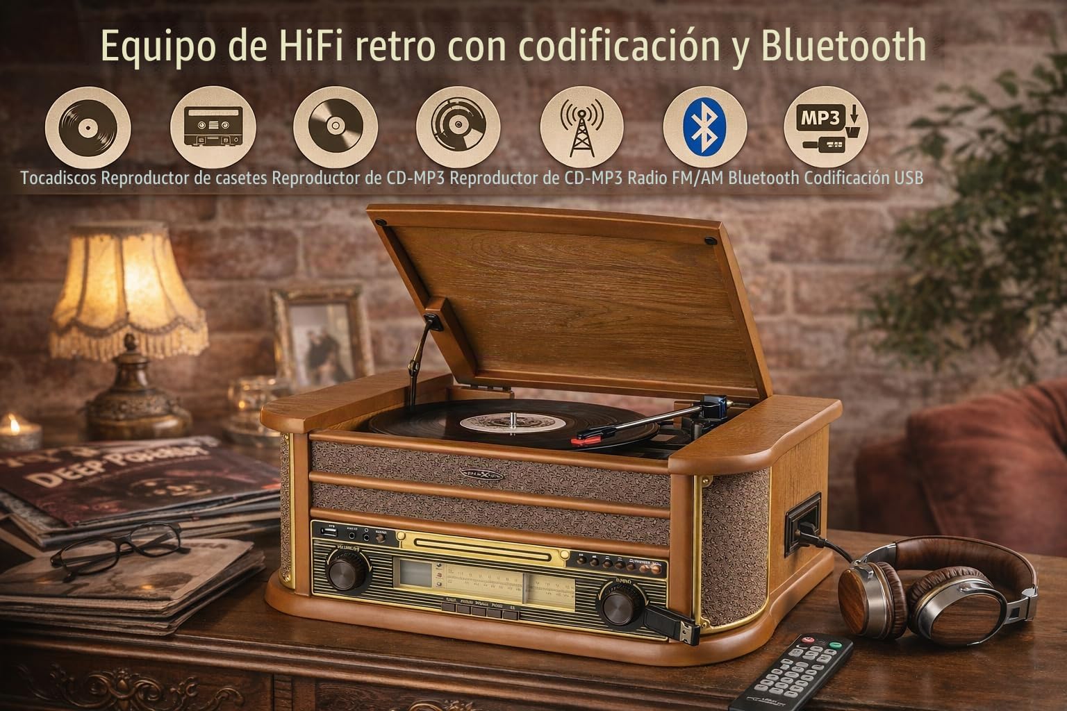 Reflexion HIF2002 - Equipo de Alta fidelidad con codificación (2 x 40 W), Tocadiscos semiautomático en imitación de Madera, función de codificación, reproducción de MP3 a través de CD y USB