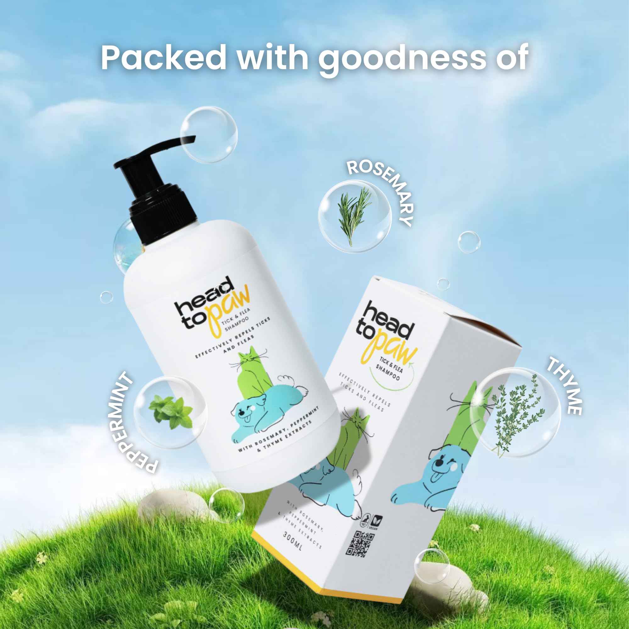 HEAD TO PAW Tick and Flea Shampoo | Repels Ticks & Fleas Shampoo for All Breeds 300ml | Medicated Pet Shampoo Enriched Rosemary, Peppermint & Thyme Extract | Ph Balanced, Moisturising, Prevents Fleas