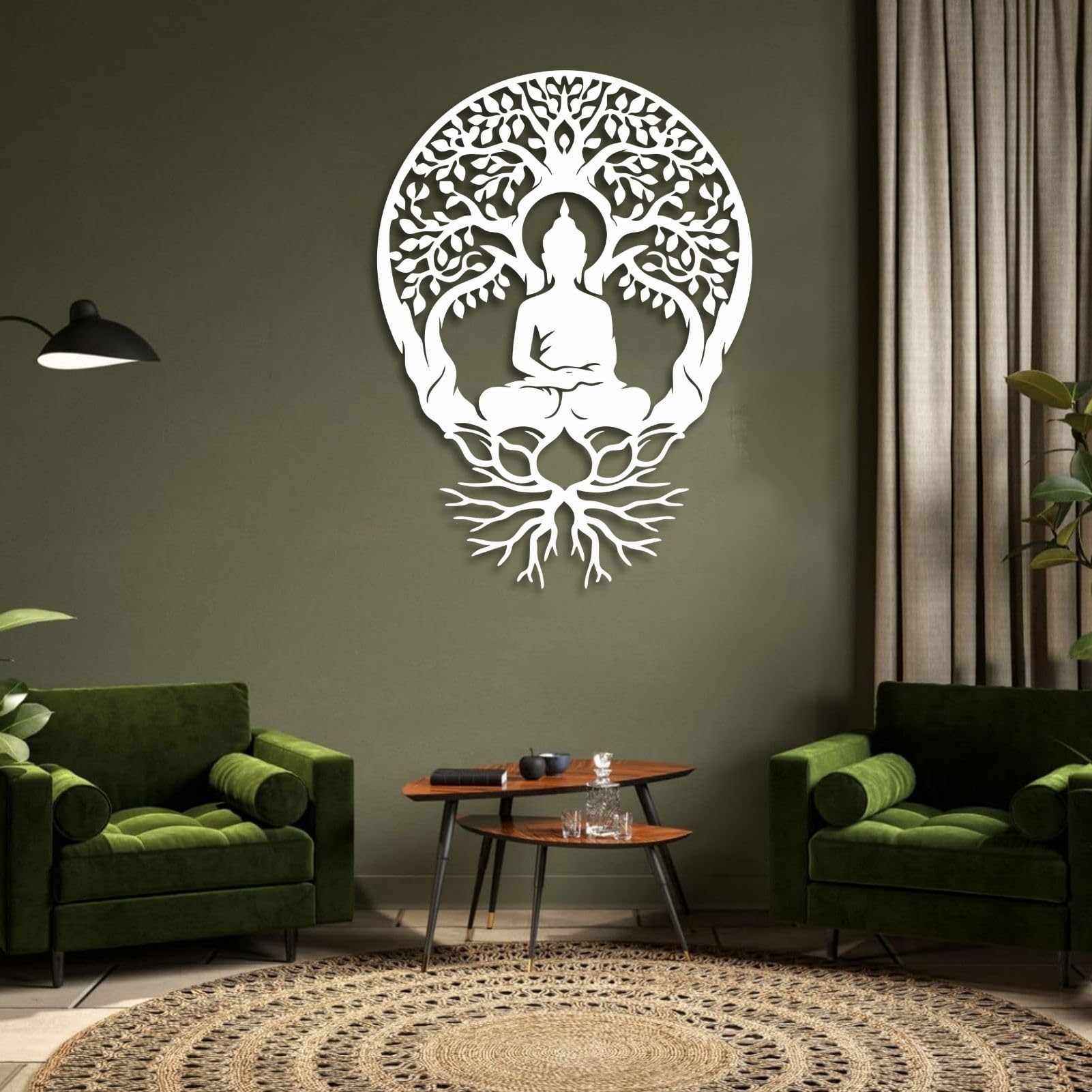 Árbol de la Vida, Arte de Metal 3D, decoración de Pared Grande con Buda, Arte de Buda, meditación para Sala de Estar, Dormitorio, Yoga, meditación al Aire Libre (Negro, 60 x 43 cm)