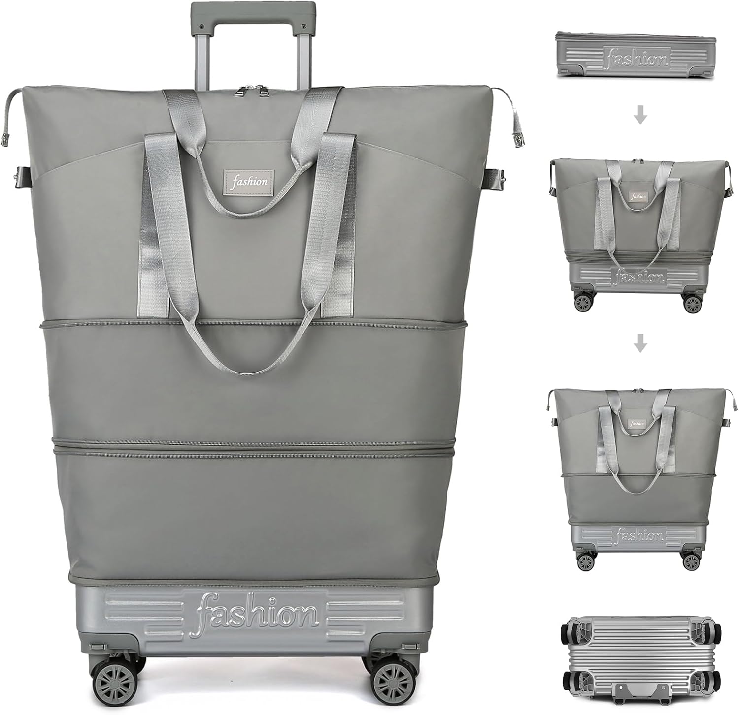 Rolling Duffle Bag with Wheels and Handle, Expandable Foldable Travel Bag – Wheeled Carry On Luggage, Collapsible Suitcase for Weekend Trips, Gym, Large Capacity & Waterproof (Grey)