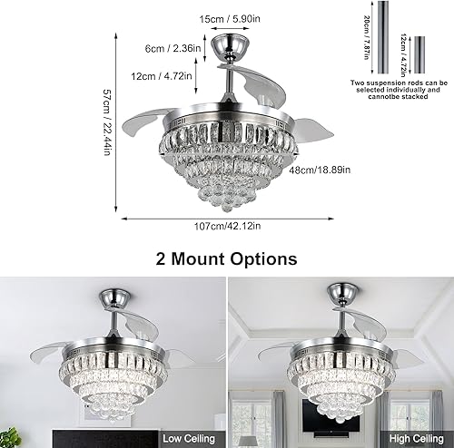 Miniatura 2 de Deckrico Ventilador de techo de cristal con control remoto de luz de 42 pulgadas, moderna lámpara LED retráctil de 6 velocidades para sala de estar,