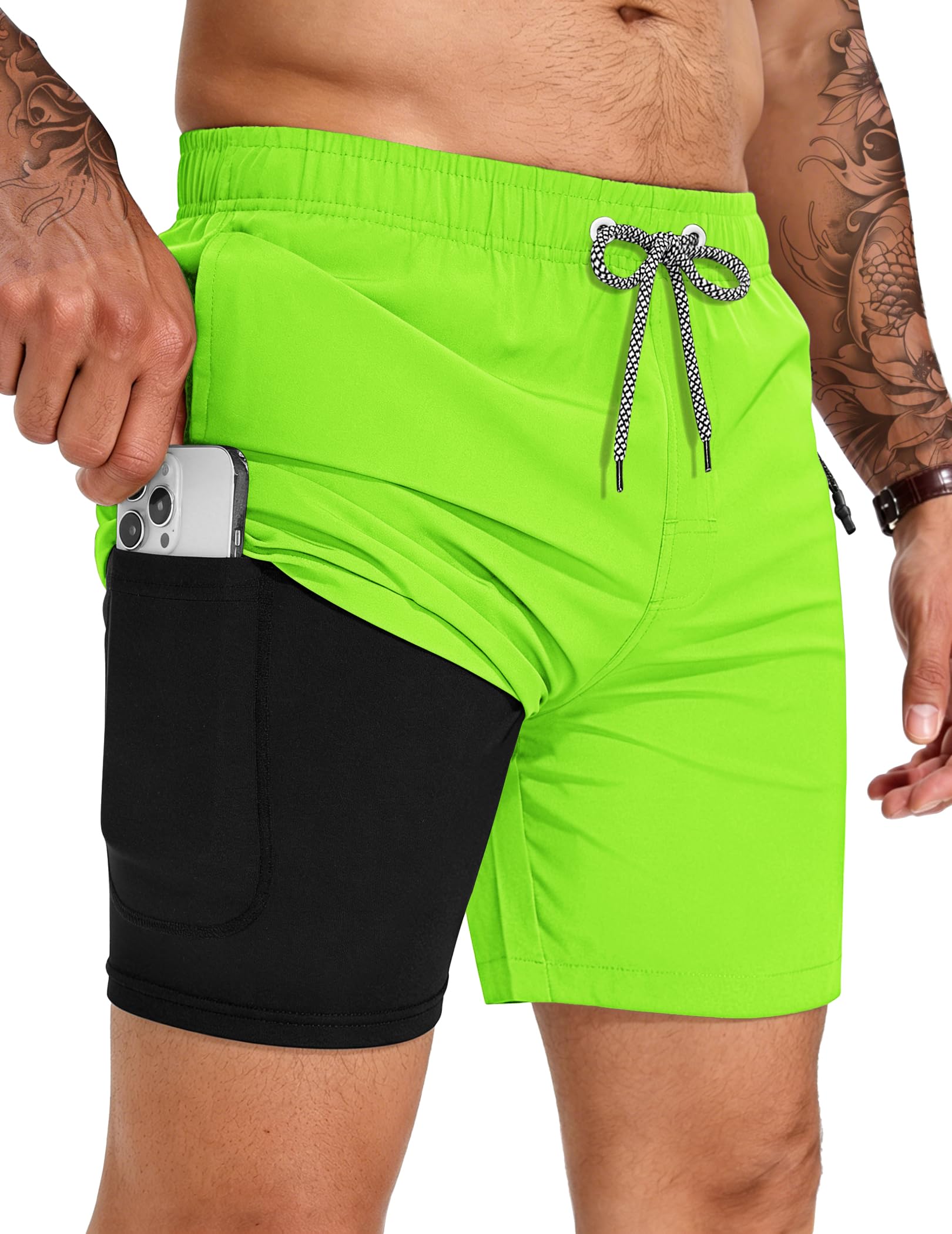 TARAINYA Badehose Herren Zipper Badeshorts 2 in 1 Kompression Liner Schnelltrocknend Atmungsaktiv mit Kordelzug für Strand Schwimmen Urlaub M-4XL