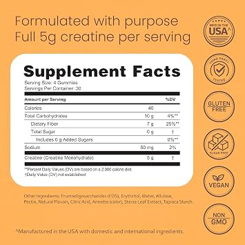 NaturaLife Labs Creatine Monohydrate Gummies - 5g per Serving - Tangerine Flavor - 120 Gummies - Gluten-Free, Non-GMO, Vegan, Sugar Free