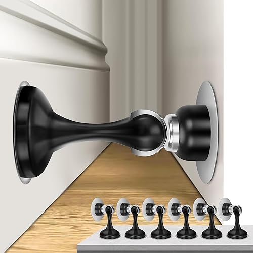 Vista 9 de Topes magnéticos para puerta, paquete de 4, topes de puerta de acero inoxidable para montaje en pared y piso, soporte de puerta mantiene la puerta