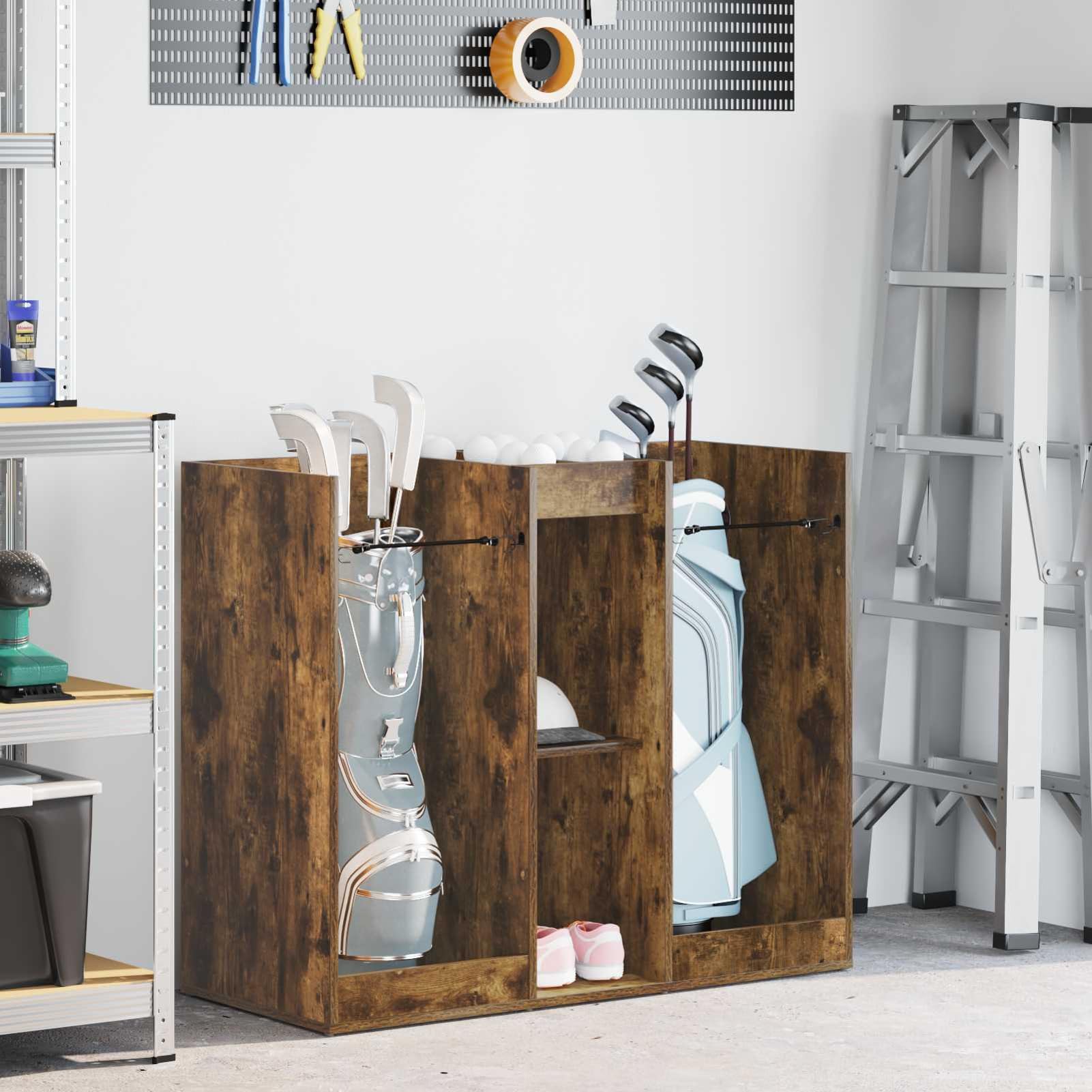 Gecheer Golf Schrank, Holz Schrank für Golfzubehör mit Regalen 102 x 45 x 85,5 cm in Geräucherte Eiche für Garage oder Wohnraum