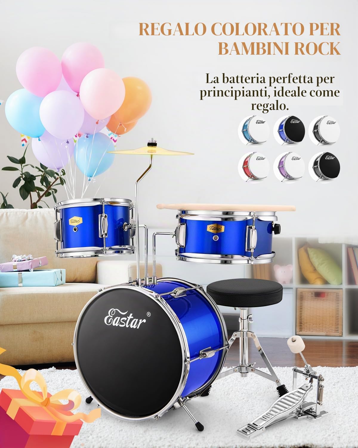 Eastar Batteria per Bambini per età 3-10 Anni, Junior Drum Set con Rullante, Tom, Grancassa, Pedale Grancassa (Specchio Blu)