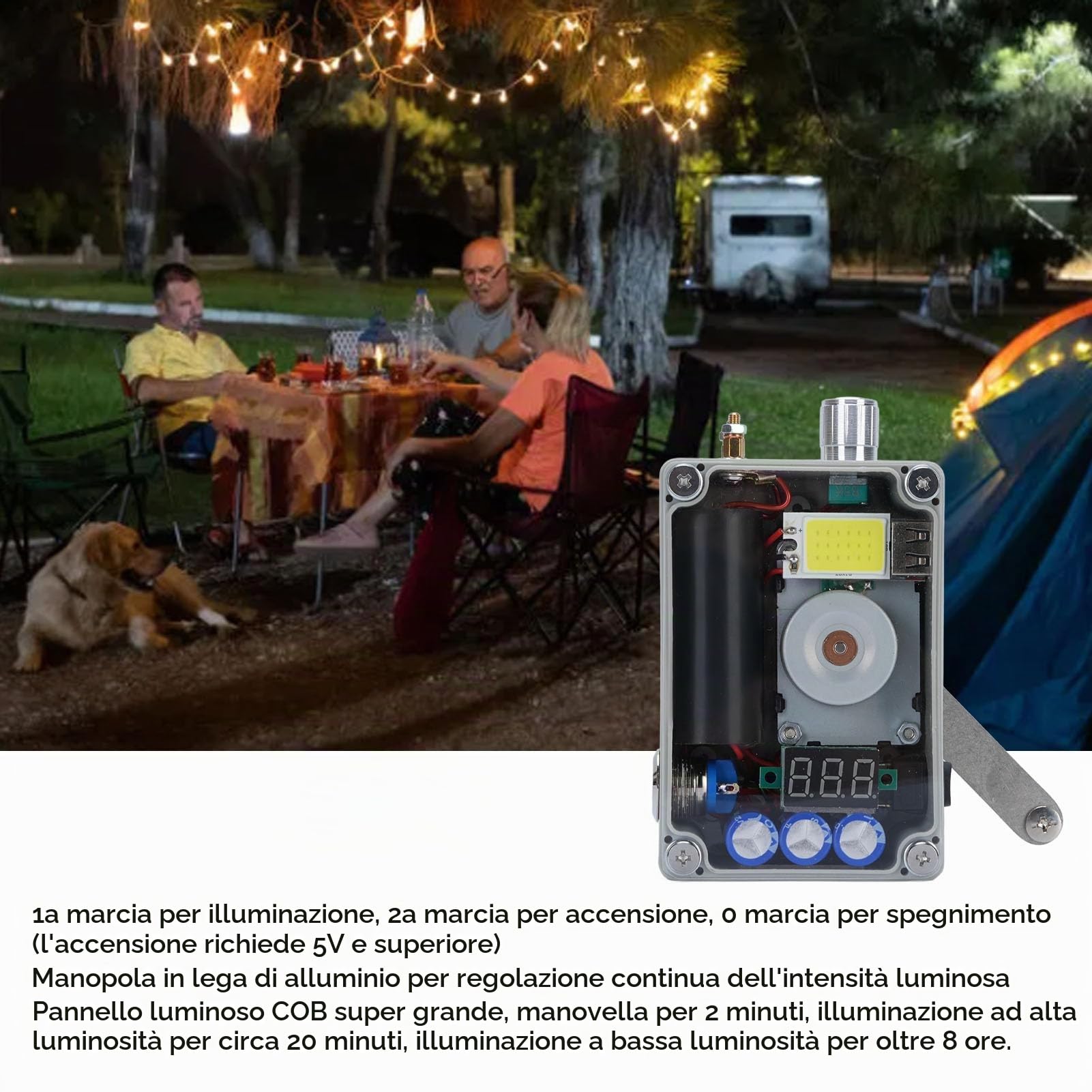 Generatore di Manovella a Mano, Generatore di Dinamo Manuale Portatile con Luce di Pannocchia, Caricatore Veloce USB di Emergenza per Emergenza, Interruzione, Campeggio, Off-grid