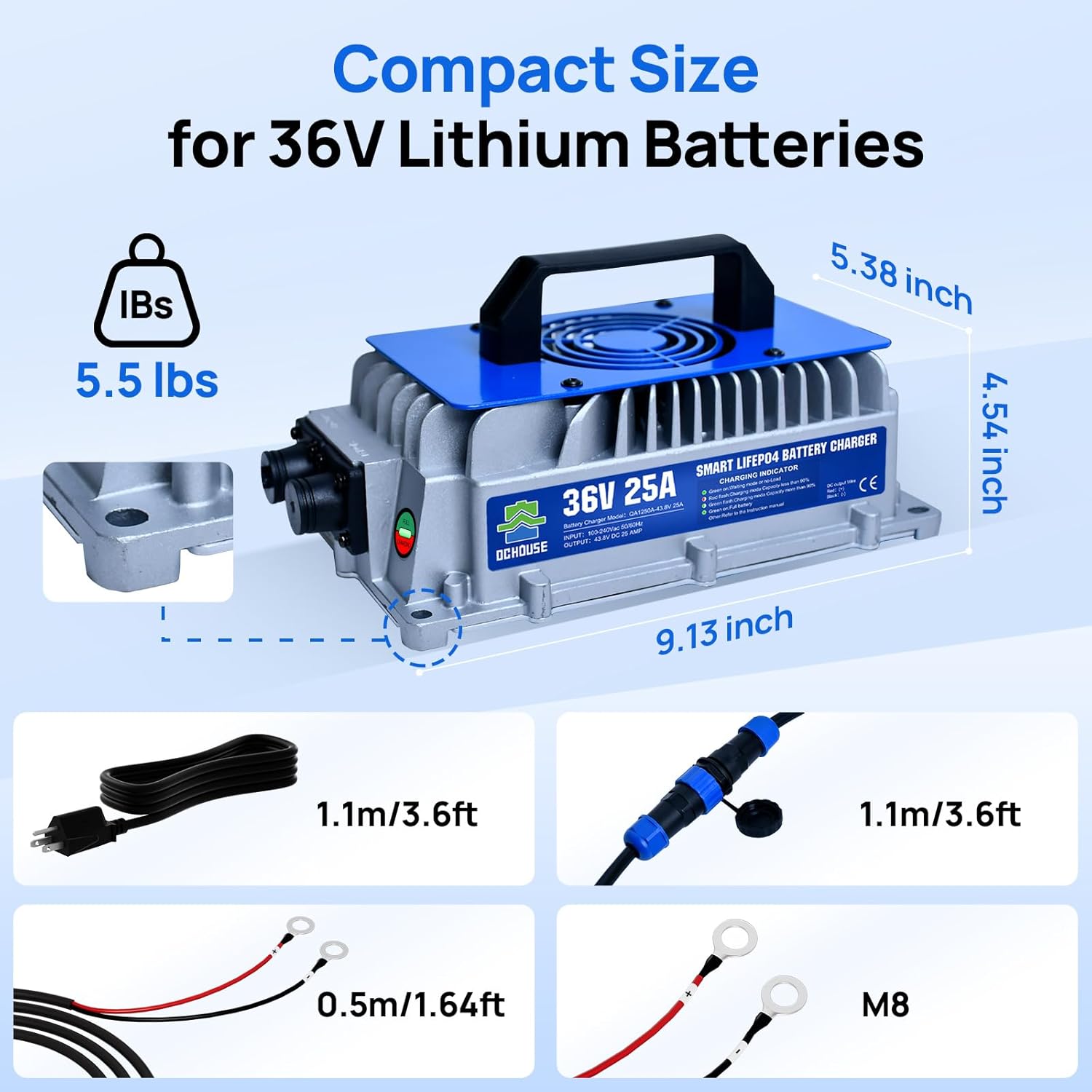 Compact size of the DC HOUSE 36V 25A Lithium Battery Charger with dimensions: 9.13 inches length, 5.39 inches width, 4.5 inches height, and a weight of 5.5 lbs. Also shows cable lengths.