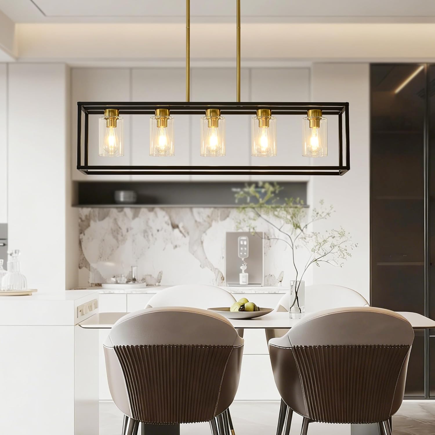 XILICON Brushed Brass+Black l Dining Room Chandeliers Lighting Fixture Linear Pendant Modern 5-Light with Glass Shades Vintage Farmhouse Ceiling Light Hanging for Kitchen Island Cafe Bar