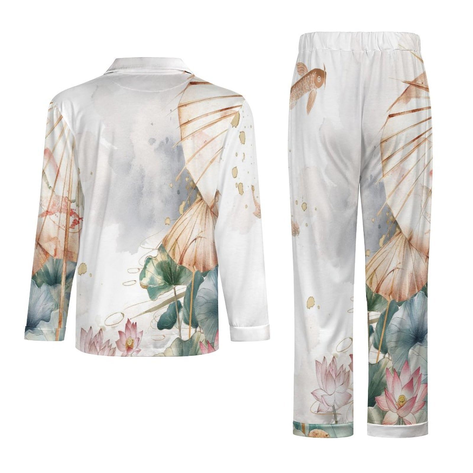 OLEETS Completo Pigiama da Uomo 2 Pezzi - Fiori E Foglie di Loto Rosa Top E Pantaloni in 2 Pezzi Pigiama Casual E Ampio A Maniche Lunghe Morbido Autunnale E Invernale.
