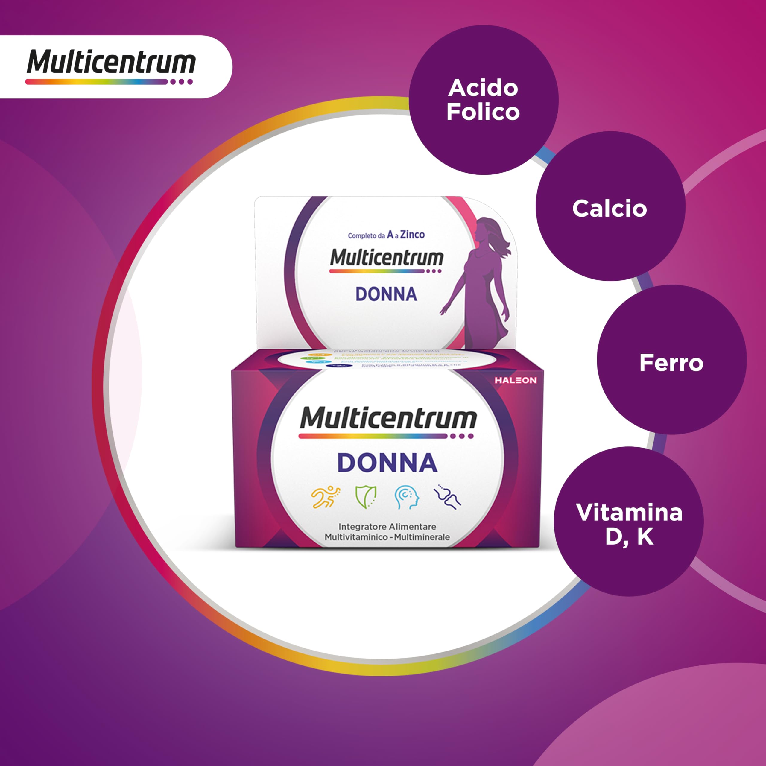 Multicentrum Donna Integratore Multivitaminico completo per donna, con Vitamina D, K, Acido Folico, Calcio, Ferro, per combattere stanchezza e affaticamento, 100 Compresse