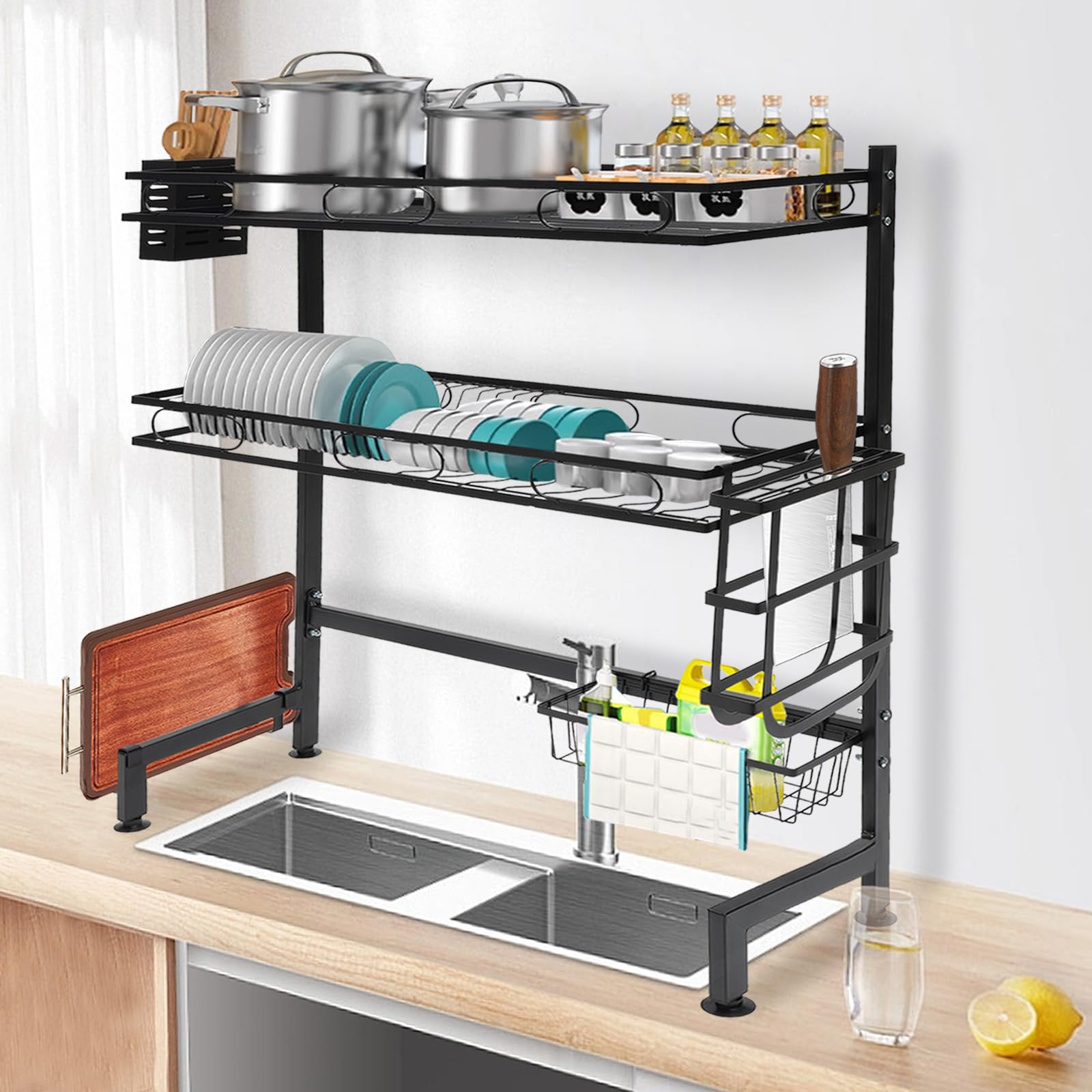 Escurridor de platos sobre el fregadero, 2 niveles, escurridor para fregadero, organizador de cocina con soporte de cocina, longitud 62 cm, 82 cm (62 cm)