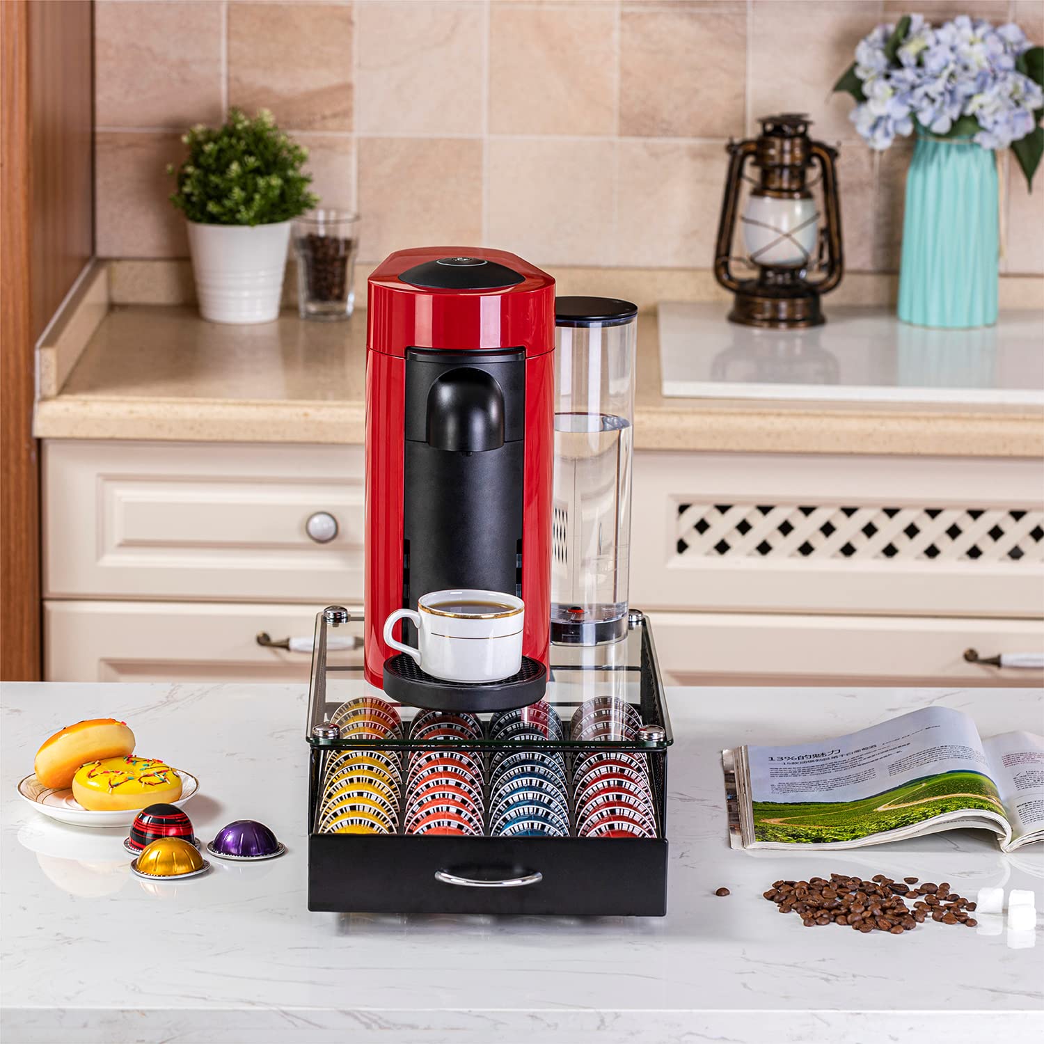 ZCDCP Vertuo - Soporte para cápsulas de café, cajón superior de cristal, organizador de cápsulas de café con 40 cápsulas