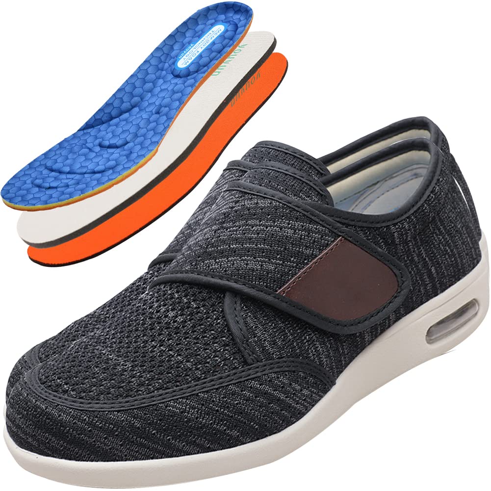 Chaussures diabétiques pour Hommes, en Tissu Eté Scratch Réglable Orthopédique Viscoélastique pour Oedème Gonflé Pied Large Orteil Ouvert Elargissement,Black Gray,48 EU