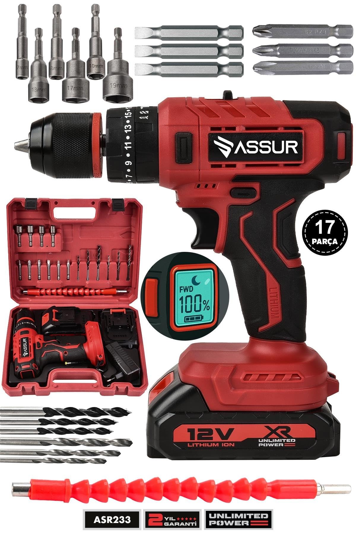 ASSUR 12V Çift Akülü Darbeli Matkap, Dijital Göstergeli, 2 Vitesli, LED Aydınlatmalı, Metal Şanzımanlı, 10mm Mandren, 17 Parça Aksesuar Seti, ASR233