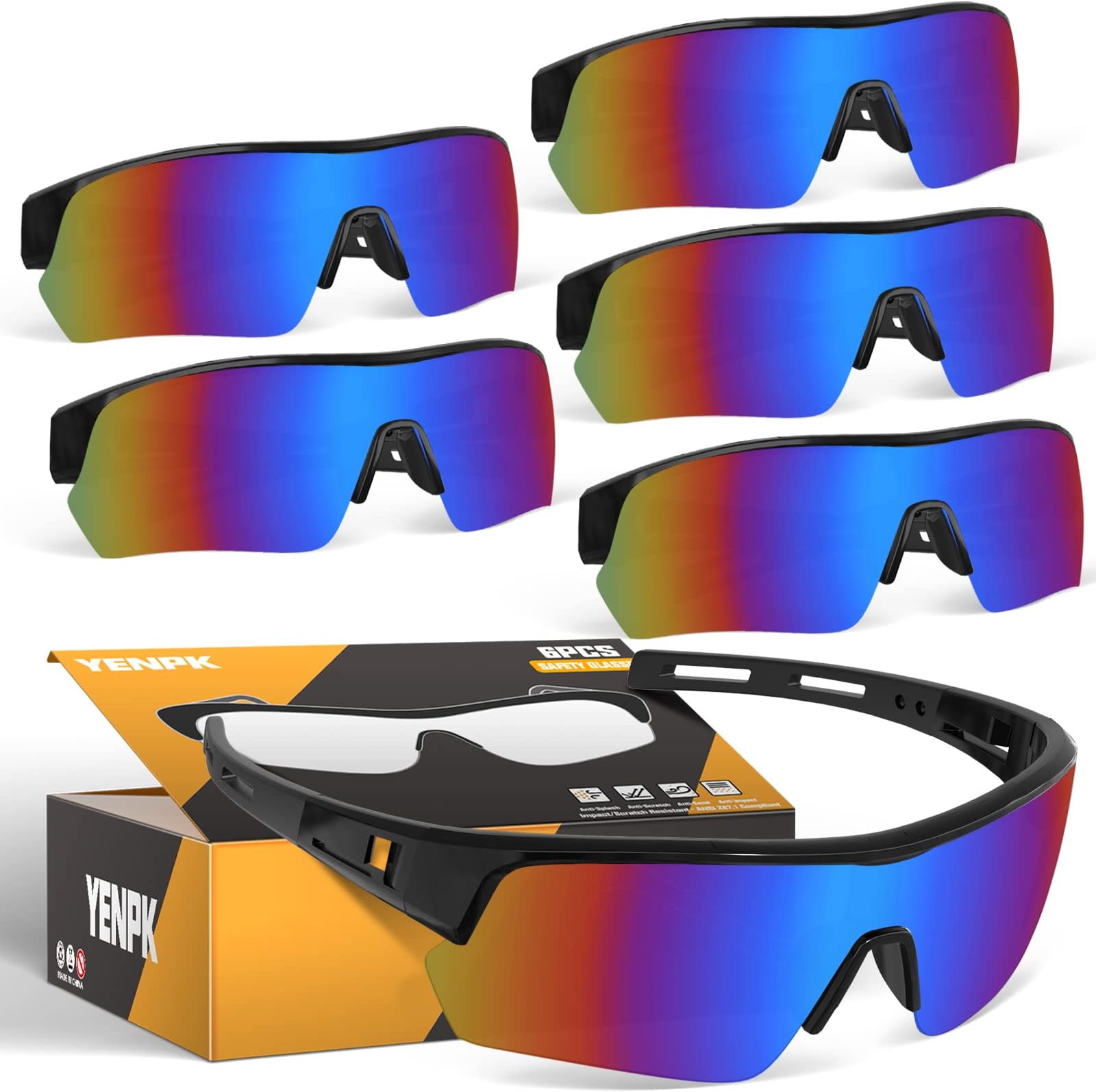 6 Pack Safety Glasses, Mirror Leg Ventilation, Lightweight Material(Multicolor)