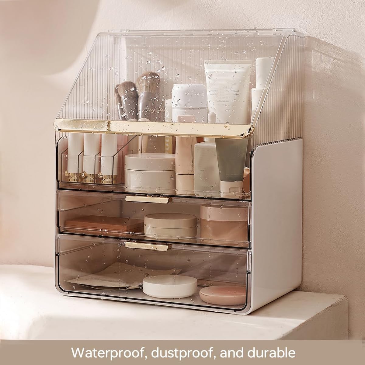 Kousee Organizer per trucchi, 3 strati, grande capacità, espositore per cosmetici con 2 cassetti, organizer per cosmetici per bancone del bagno, piano di lavoro per vanità, camera da letto, bianco