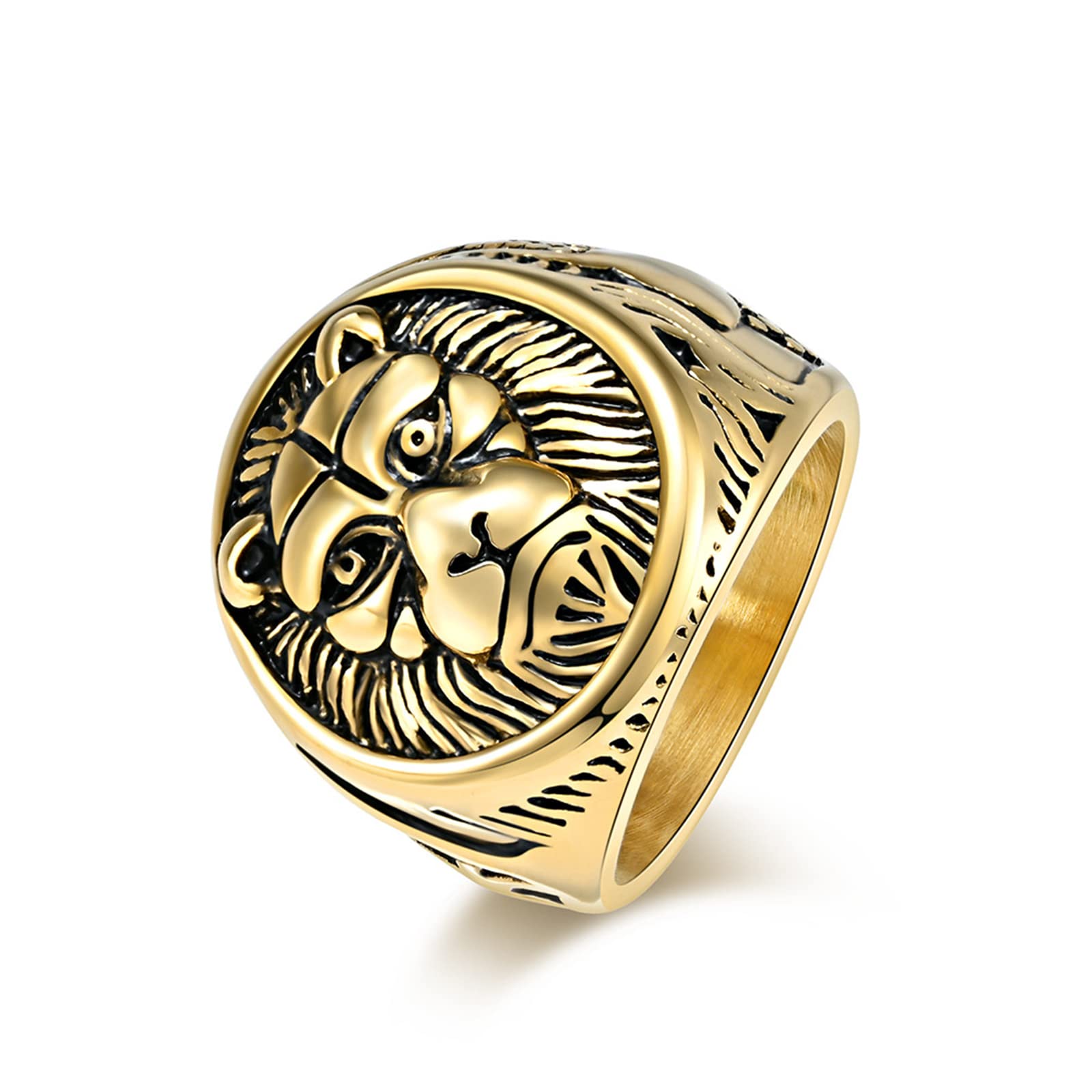RobertDTestaRobertDTesta Anillo con Sello De Cabeza De León para Hombre, Anillo De Acero Inoxidable con Cabeza De León De Época Vikinga,Oro,11