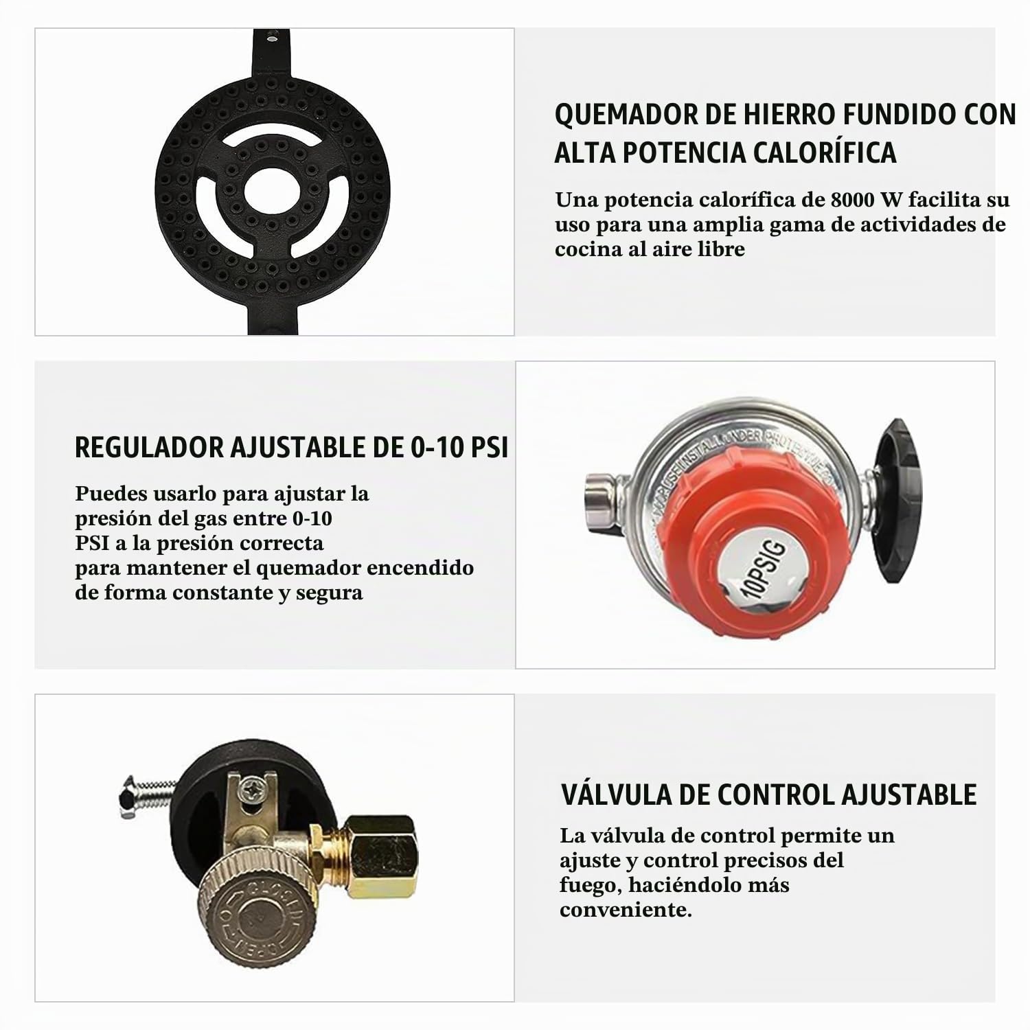 Hornillo a Gas de Fundición con 2 Fuegos,Hornillo Camping de Gas Portátil Acampada Plegable 6KW Compatible con Gas Butano y Gas Propano con 125cm Manguera y 50 mbr Regulador