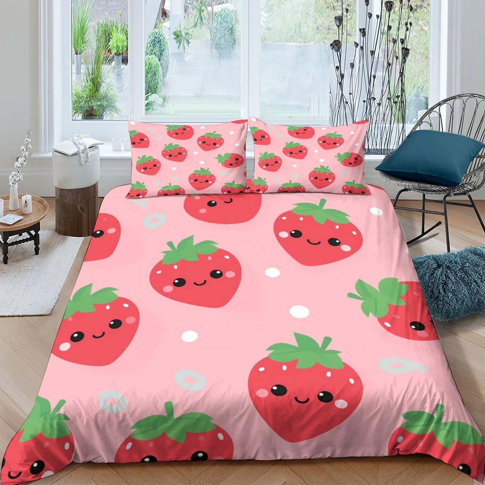 GPLZQXKJNH 3D Printed Strawberry Cartoon Duvet Cover Set Microfiber Pink Cute Fruit Bedding with 2 Pillowcases for Bedroom Decor Single（135x200cm）