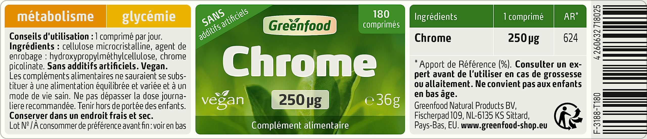 Greenfood Chrome, 250 μg, dose élevée, 180 comprimés, vegan - pour un métabolisme des macronutriments normal. SANS additifs artificiels, sans OGM.