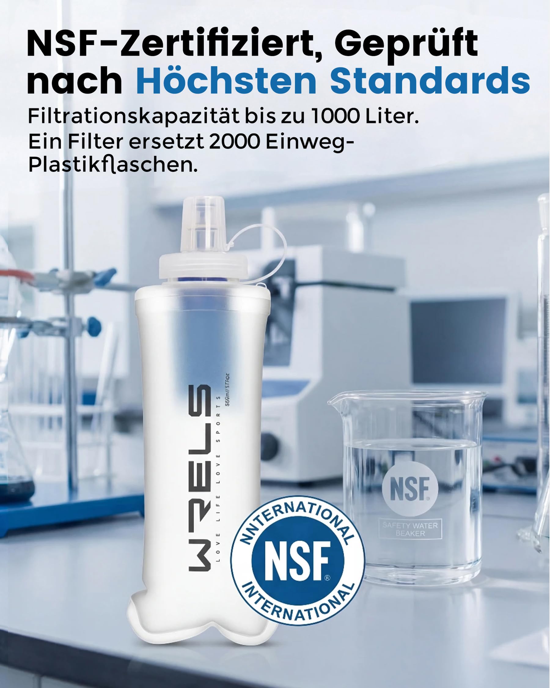 WRELS Faltbare Wasserfilterflasche – 500 ml Ultraleichte Soft Flask mit Filter,Wasserfilter Outdoor für Camping, Wandern, Backpacking und Trailrunning