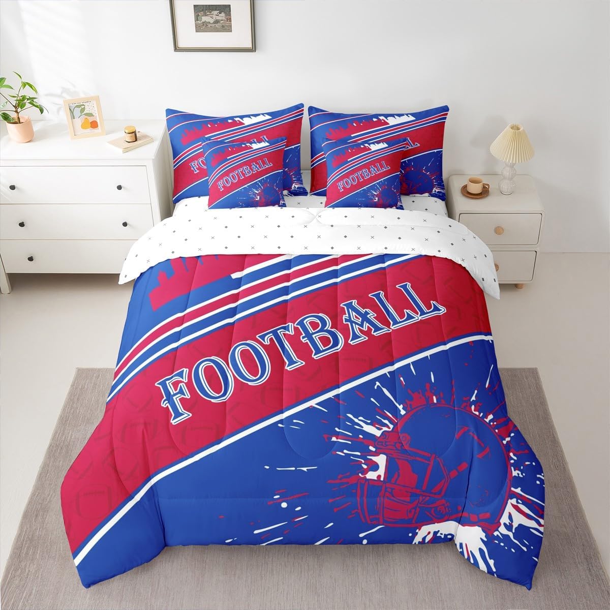 Feelyou Rugby Sports 7 Pieces Comforter Sets Queen Size Football Bedding Set for All Season Football City Bed in a Bag with Comforter, Sheets, Pillowcases & Cushion Cover