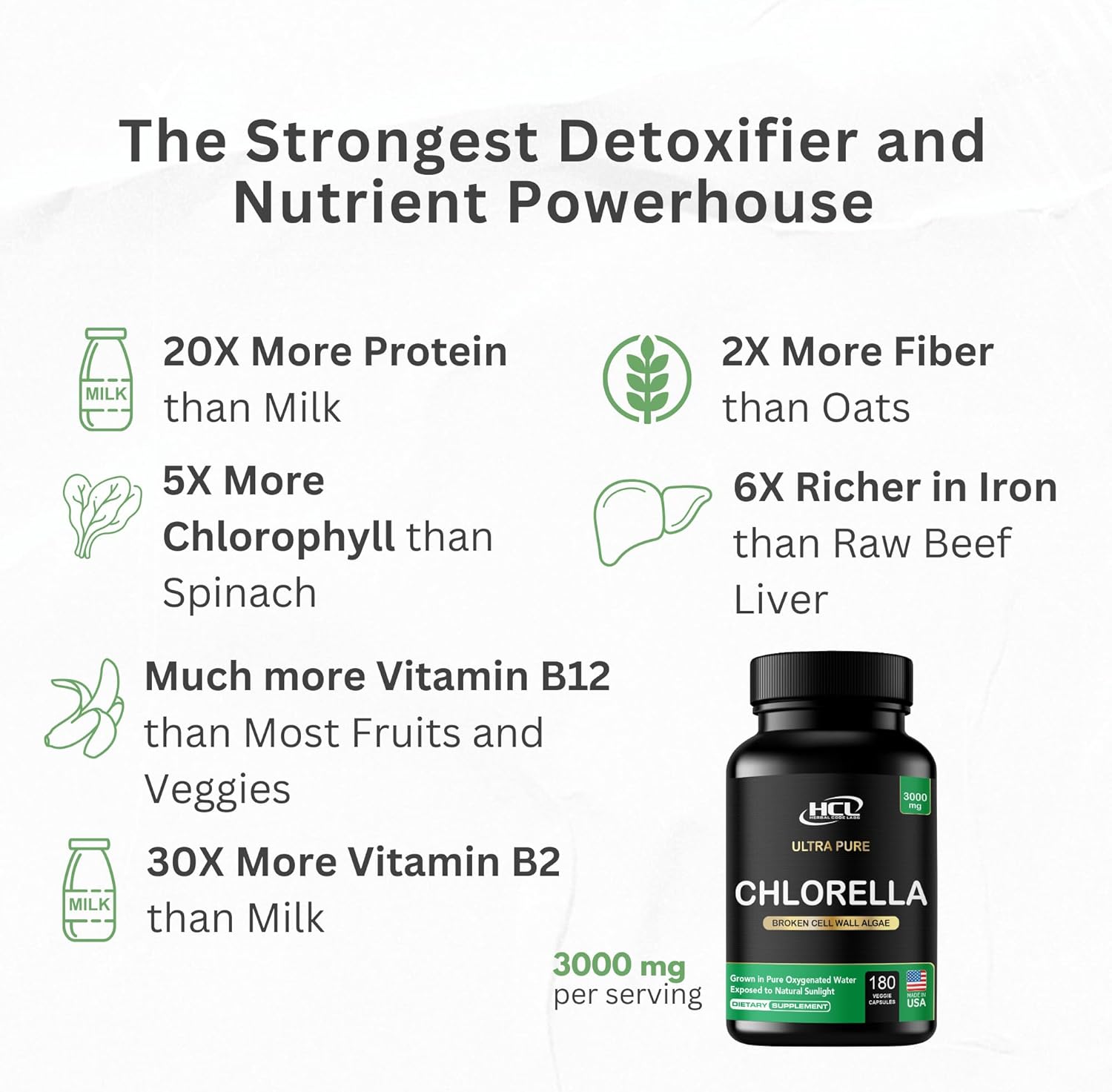 Chlorella Capsules 3000 mg - Cracked Cell Wall Blue Green Algae Supplement - Best Natural Detox Cleanse - Plant Vitamins Minerals Chlorophyll Vegan Protein Powder Pills - Made in USA - Image 5